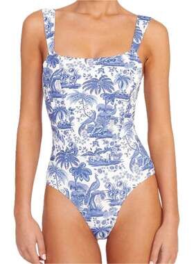 STAUD Adelaide Blue Toile One Piece Swimsuit Corset Boning Zip Back Size S NEW